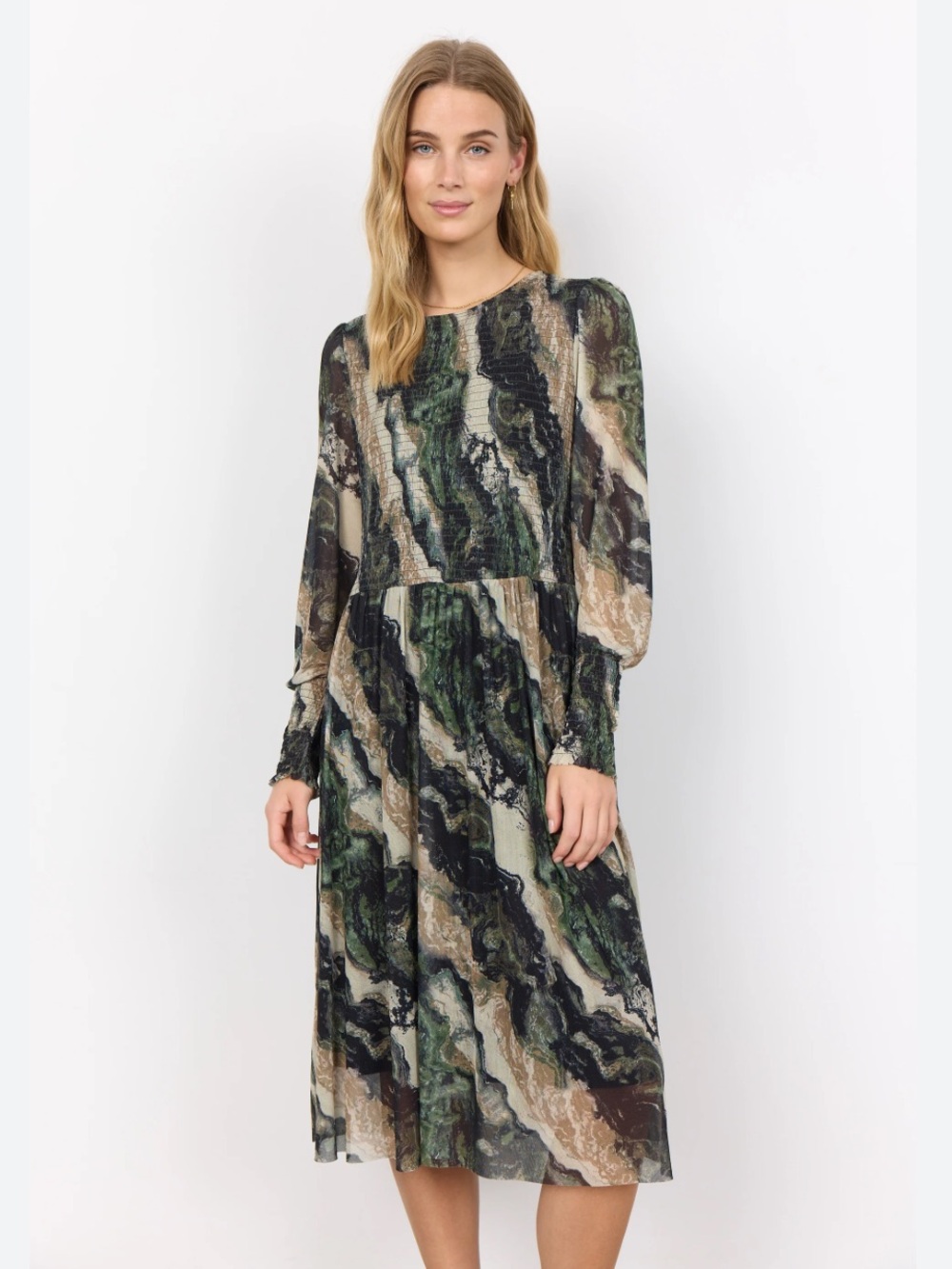 Long Sleeve Marble-Print Midi Dress in Green & Tan